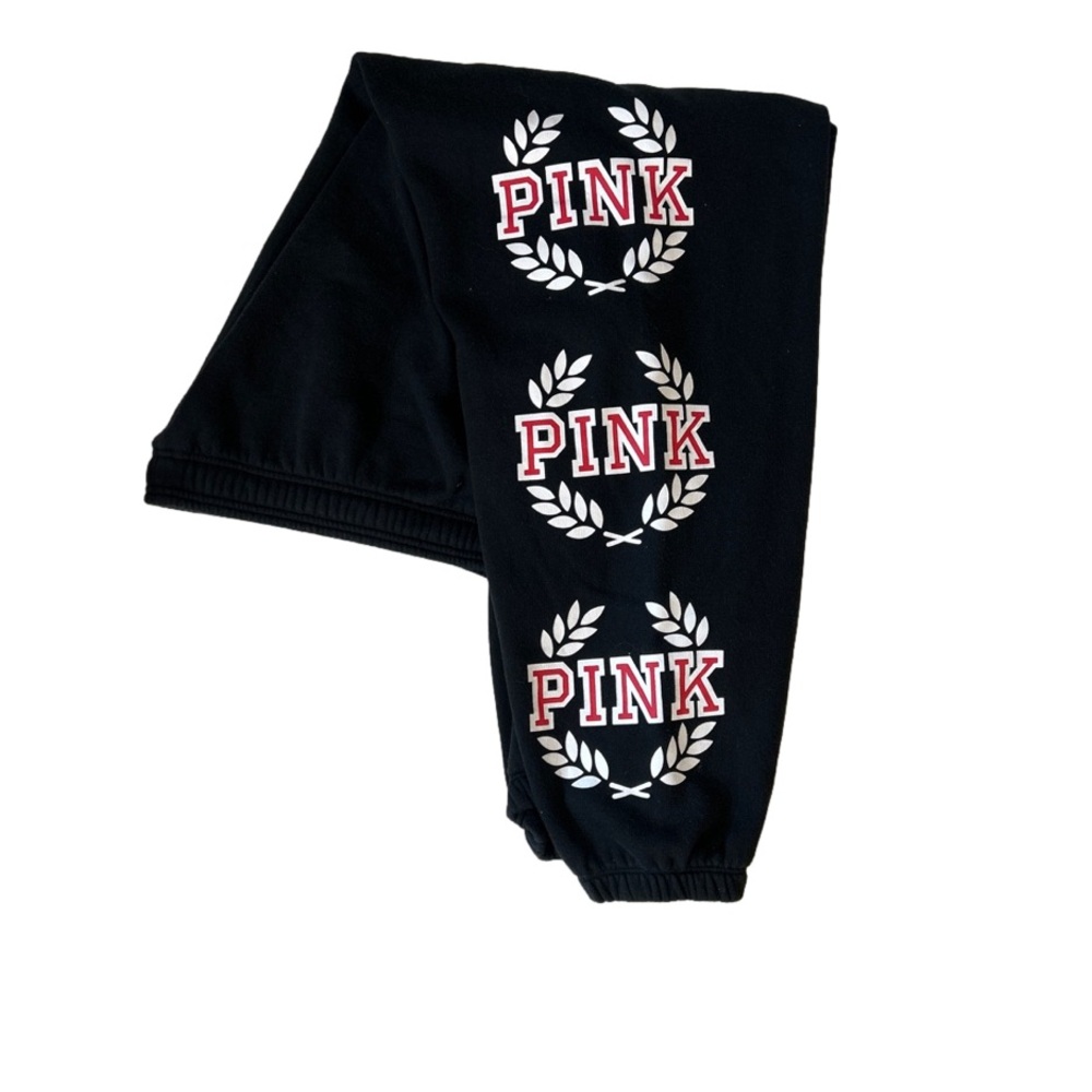 PINK Victoria's Secret Black Joggers with Red & White Logo Wreaths